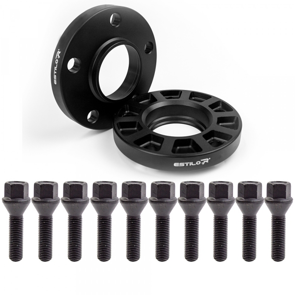 Preview: Estilo-R Alu Schwarz Spurverbreiterungs-Set mit Radschrauben für Mercedes 40mm pro Achse LK 112/5 ZBD 66,5 eloxiert