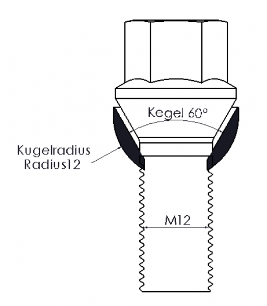 Preview: Adapter für M12 Gewinde: Kegel 60° auf Kugelbund R12