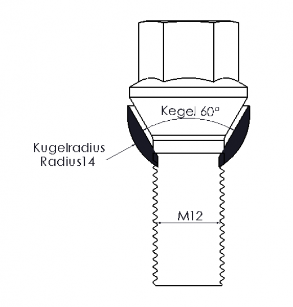 Adapter für M12 Gewinde: Kegel 60° auf Kugelbund R14
