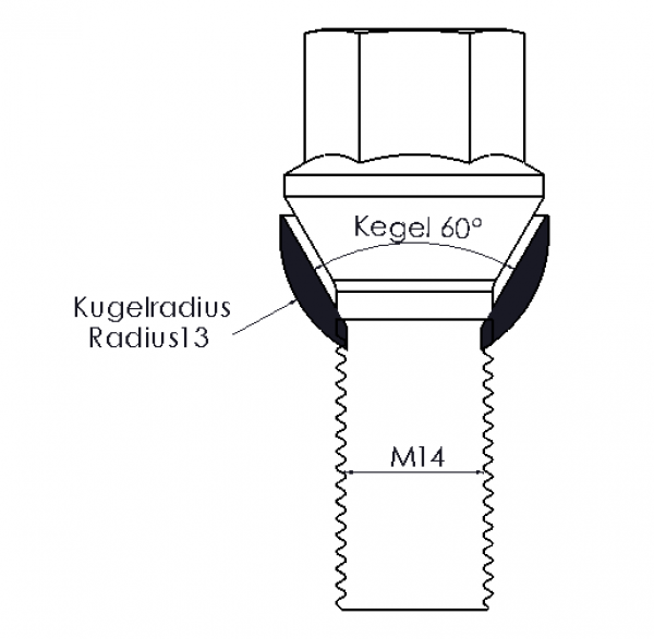 Preview: Adapter für M14 Gewinde: Kegel 60° auf Kugelbund R13