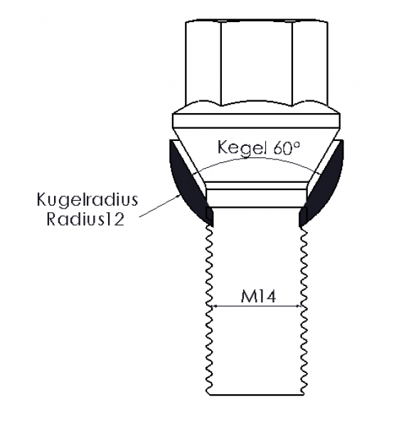 Adapter für M14 Gewinde: Kegel 60° auf Kugelbund R12