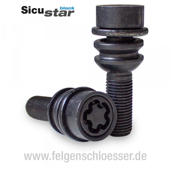 Felgenschloss Sicustar schwarz - M14x1,5 - Kugel R14  zweiteilig - L: 36 mm - SW 19