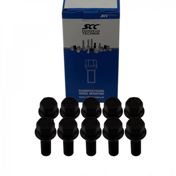 Preview: 10x Radschrauben M12x1,5 Kugelbund R12 SW 17 Radbolzen Schwarz verzinkt Längenauswahl