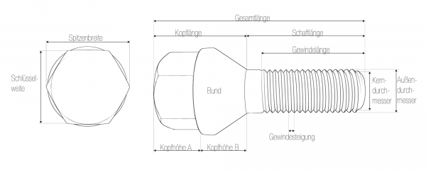 Preview: Felgenschloss Typ S M12x1,25 Längenauswahl Kegelbund 60° SW17/19 Silber