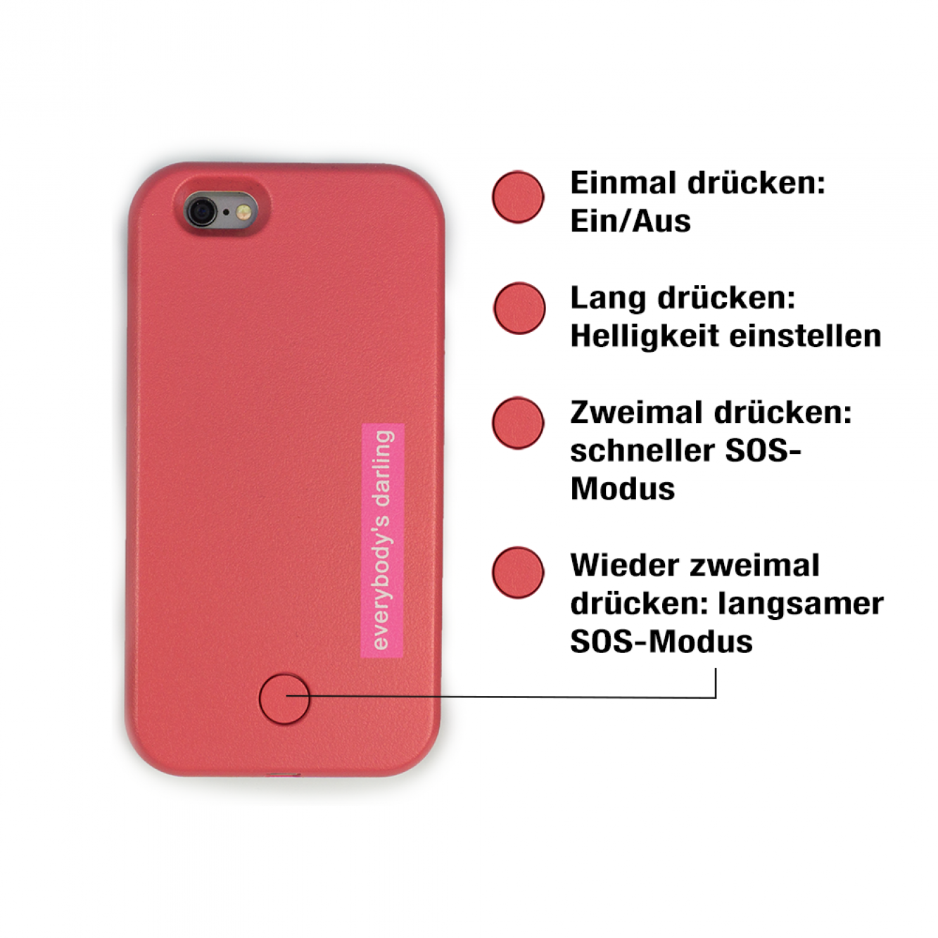 LED Selfie Hülle für iPhone 6 / 6s Plus | Protection Case mit SOS Licht | schwarz