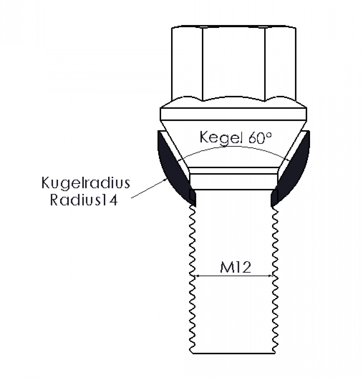 Adapter für M12 Gewinde: Kegel 60° auf Kugelbund R14