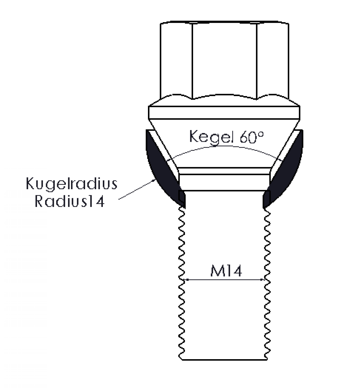 Adapter für M14 Gewinde: Kegel 60° auf Kugelbund R14