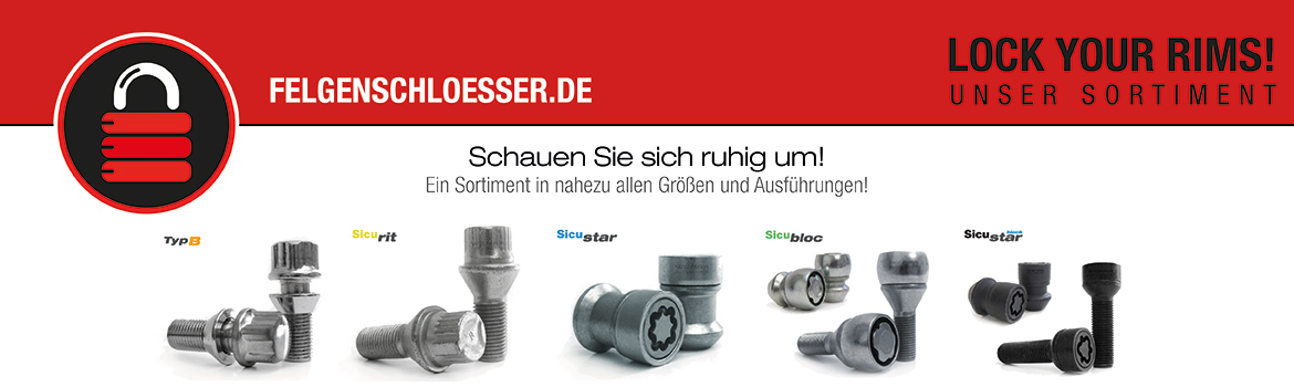 Felgenschlösser Sortiment – Banner mit verschiedenen Felgenschlössern.
