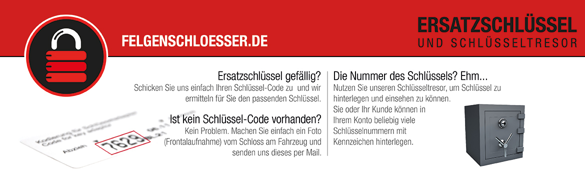 Ersatzschlüssel – Banner mit Safe-Symbol und Schlüsselcode-Eingabemaske.